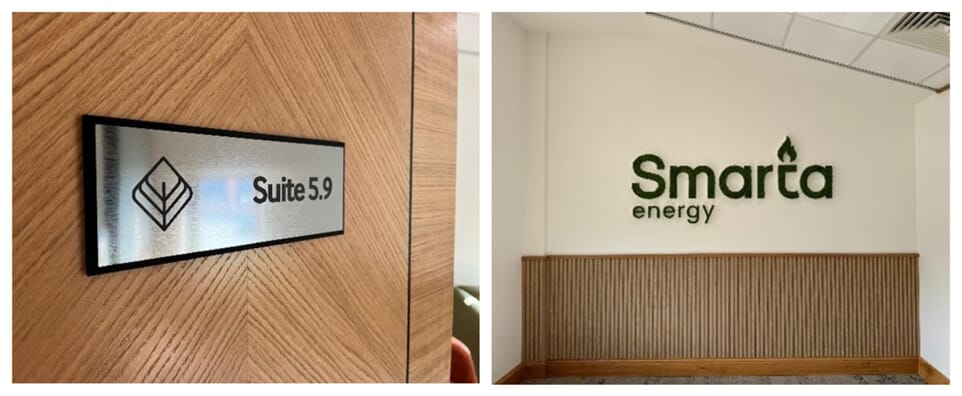 An image collage of the interior branding and wayfinding signage by WorkWell Offices.